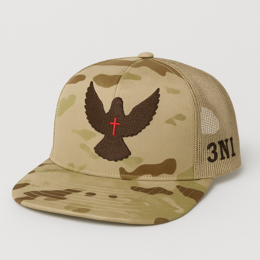 Camouflage cap with eagle emblem and '3N' logo on a light gray background